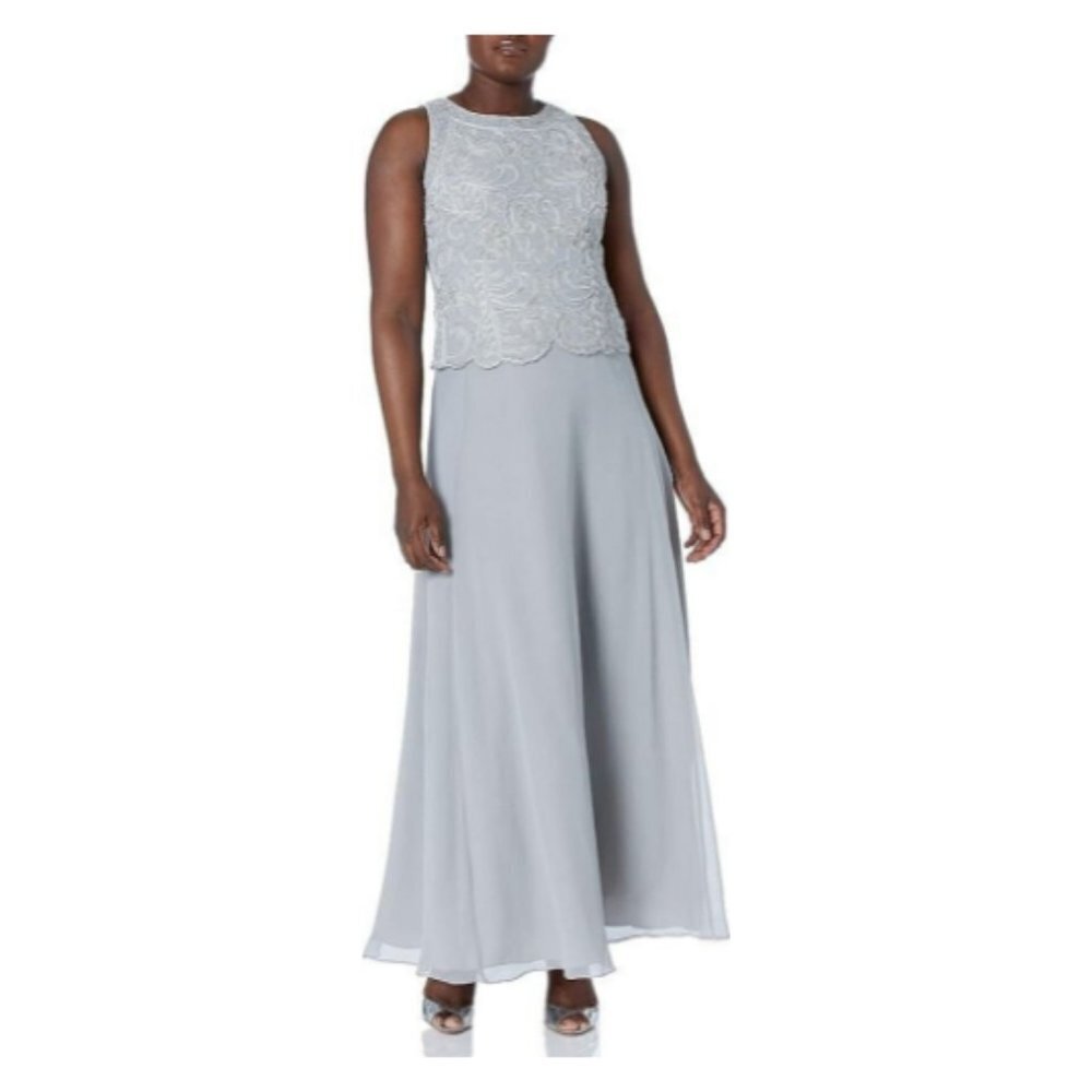 *J Kara Women's Sleeveless Scallop Long Beaded Dress W/Scarf 14 NWT
